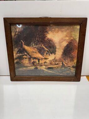 Vintage English Country Cottage Landscape Art - Framed 20” x 17”